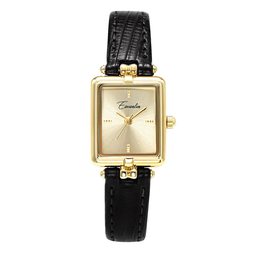 Women's retro special interest light luxury small square watch with black leather strap and gold frame