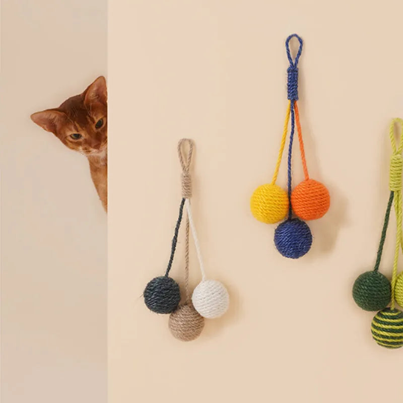 Cat toy set with blue bite-resistant teaser stick and catnip ball on white background