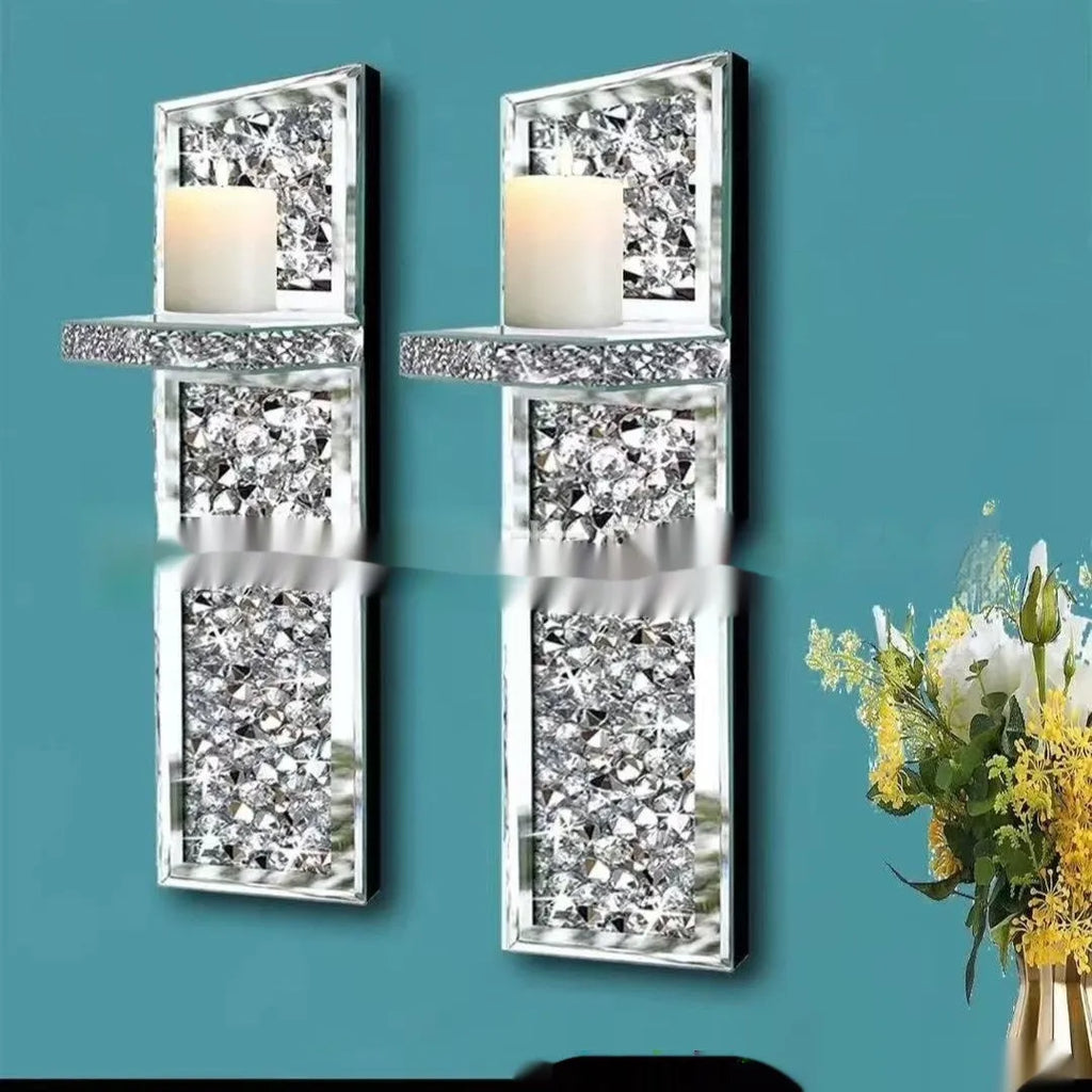 Pair of tall silver mirror glass wall candle holders, modern style.