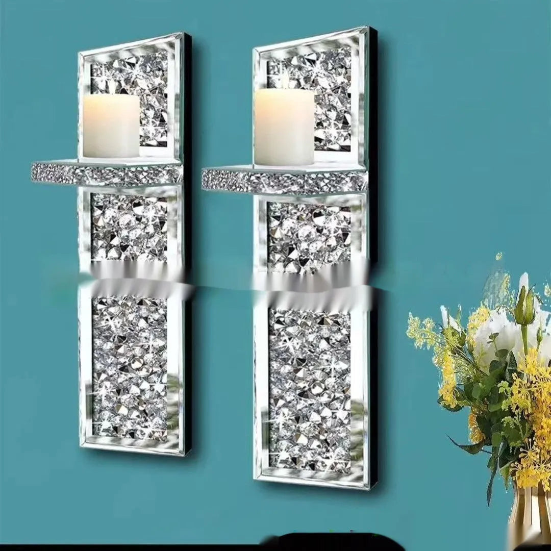 Pair of tall silver mirror glass wall candle holders, modern style.