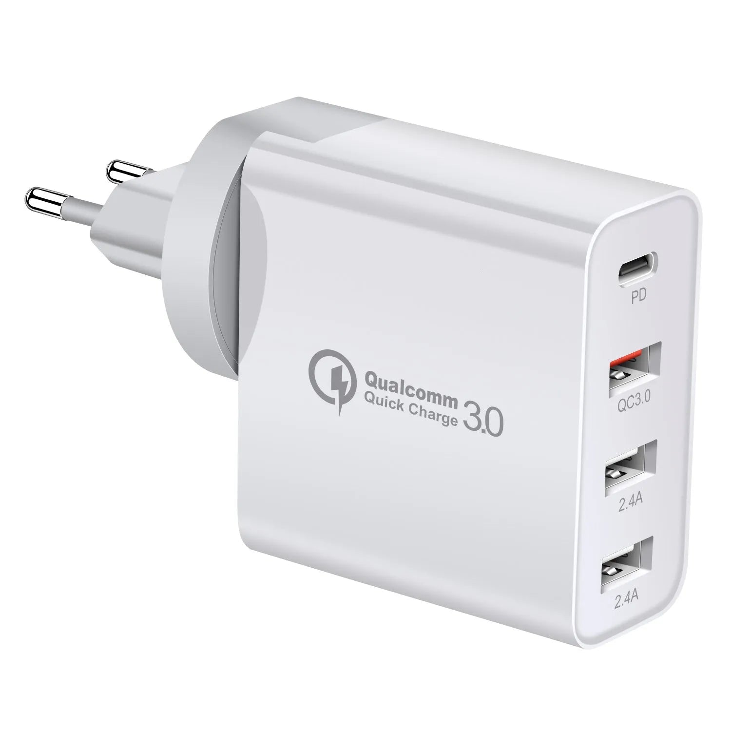 Black and white 48W four-port USB-C PD charger with international plug options