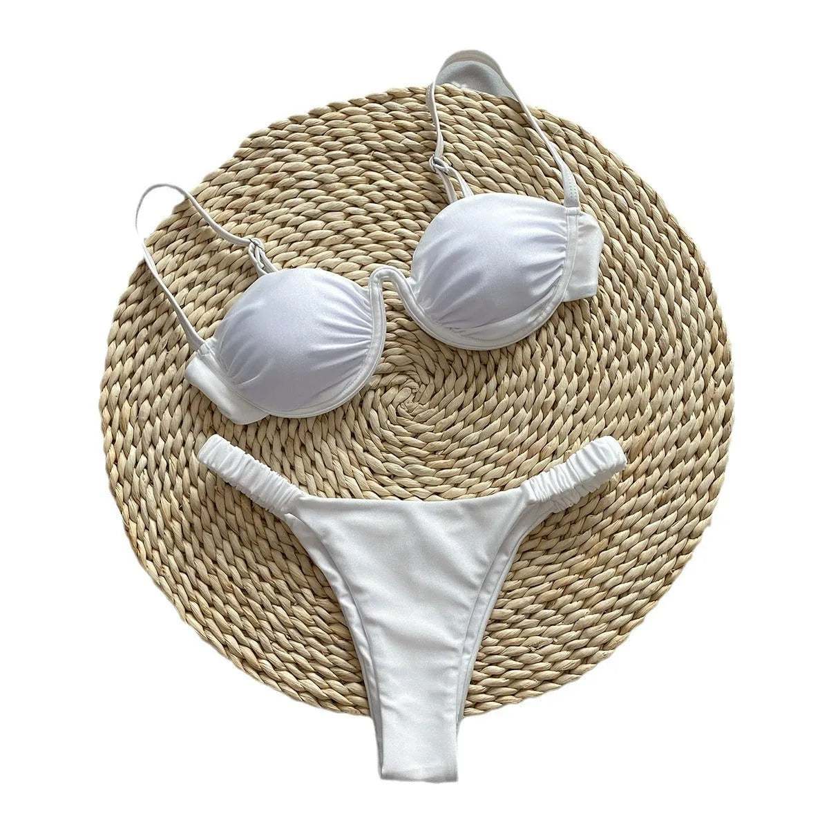 Women's khaki underwire bikini swimsuit with split bottom briefs on a mannequin.