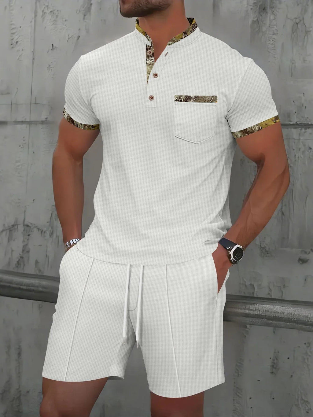 Men's waffle texture zipper polo collar short sleeve suit with matching solid colour shorts