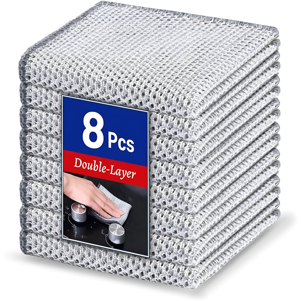 Silver wire kitchen scrubber with attached microfibre rag for double-sided pot cleaning