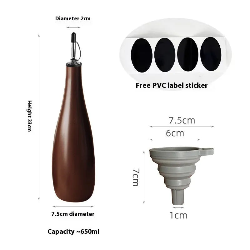 Ceramic kitchen oil pot with 650ml funnel, sealed spice bottle attachment, and built-in oil brush