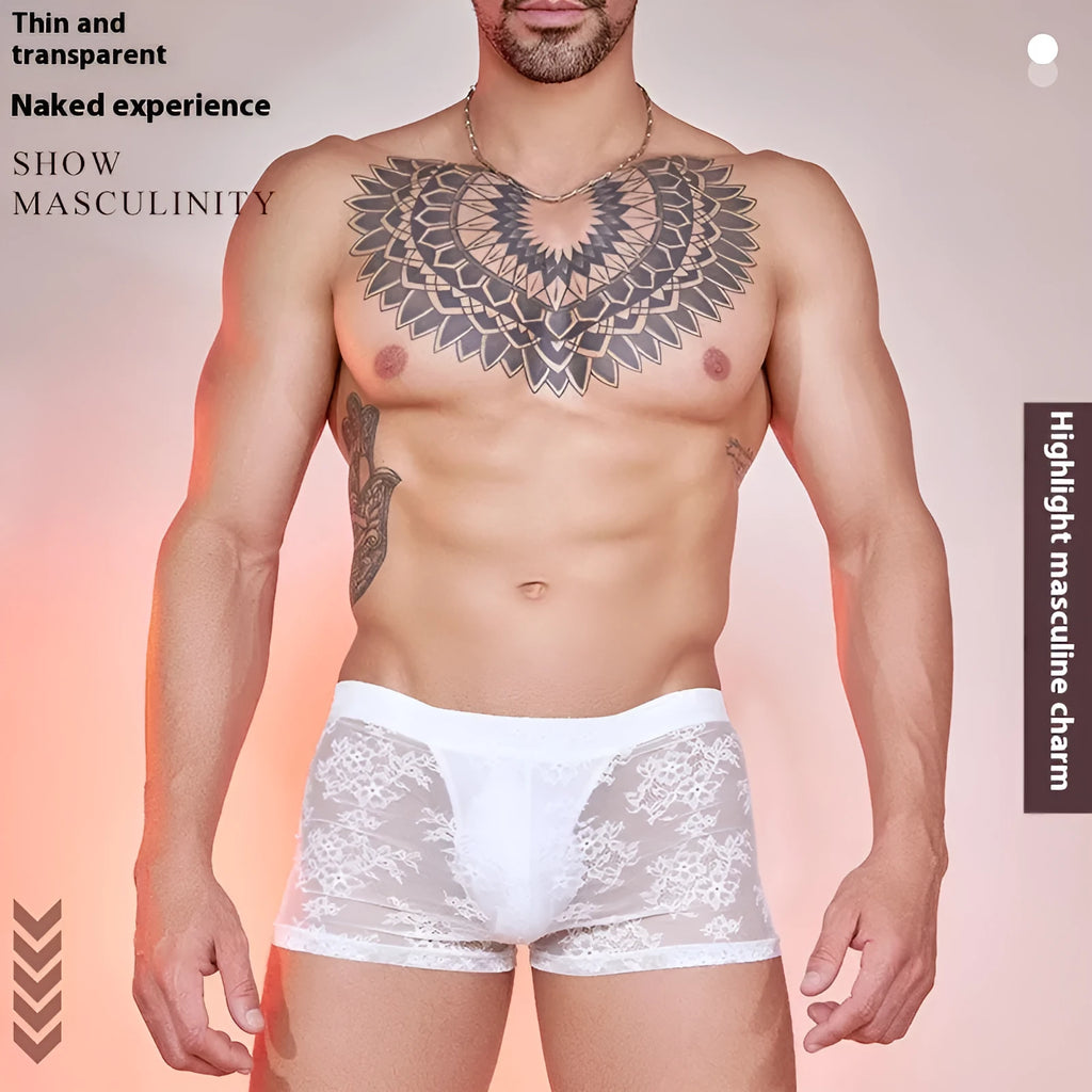 Men's black lace-trimmed nylon boxers laid flat, showing free size fit.