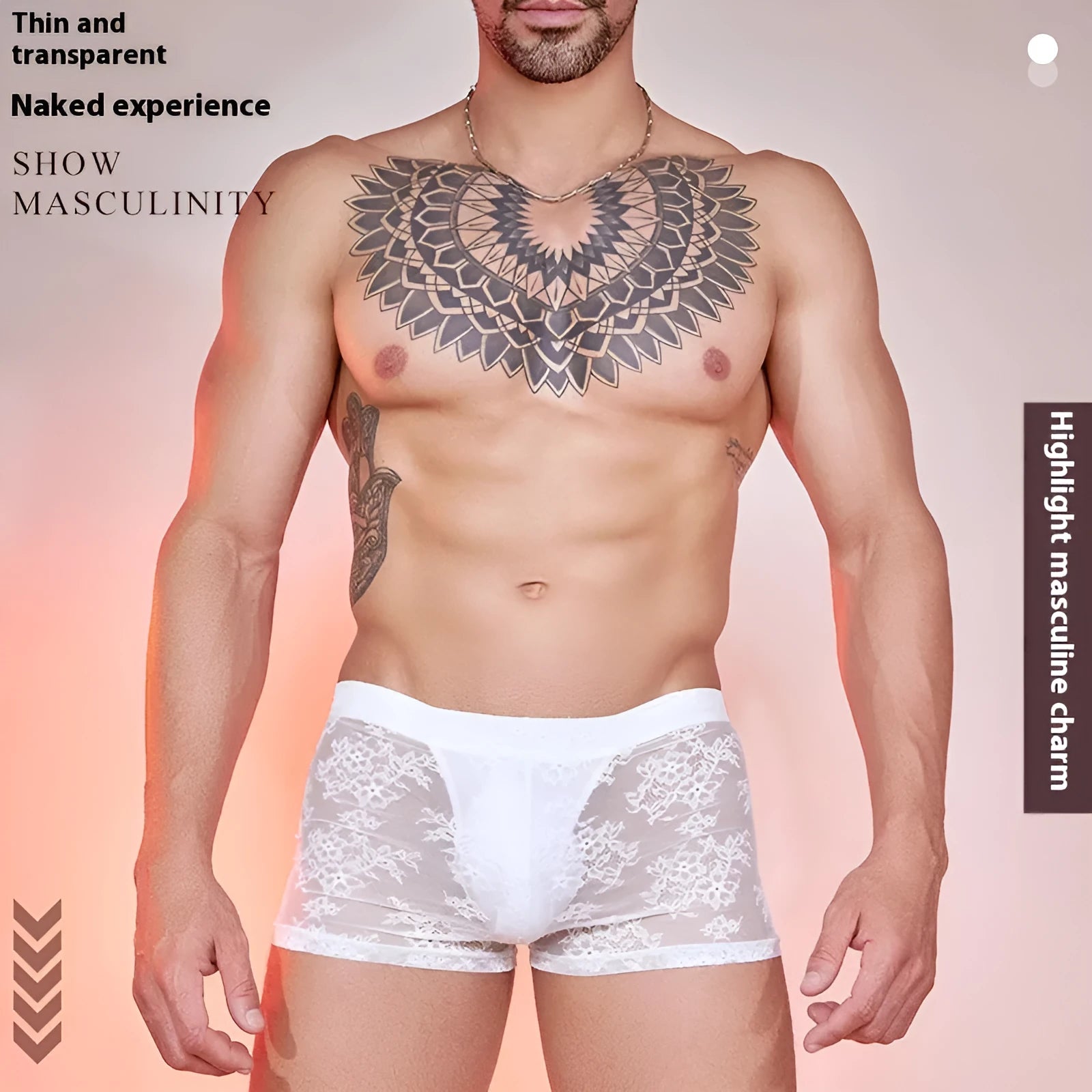 Men's black lace-trimmed nylon boxers laid flat, showing free size fit.