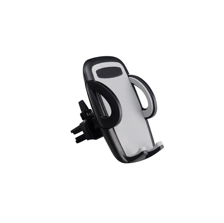 Black car mobile phone holder mounted on air conditioning vent with adjustable clamp for smartphones