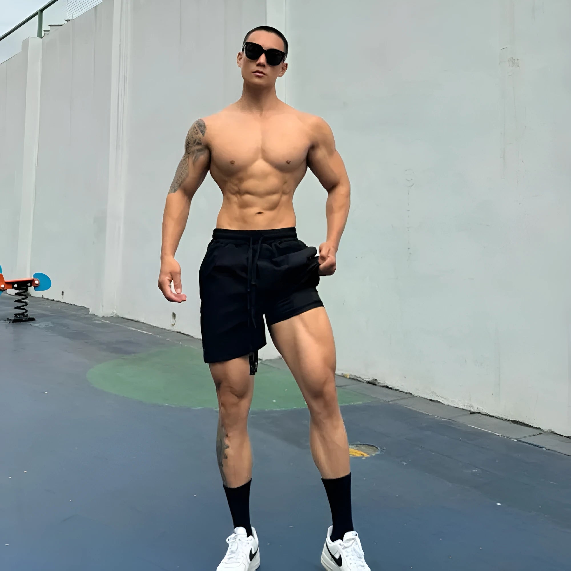 Men's black quick-drying nylon shorts with double-layer ice silk construction on a grey background.