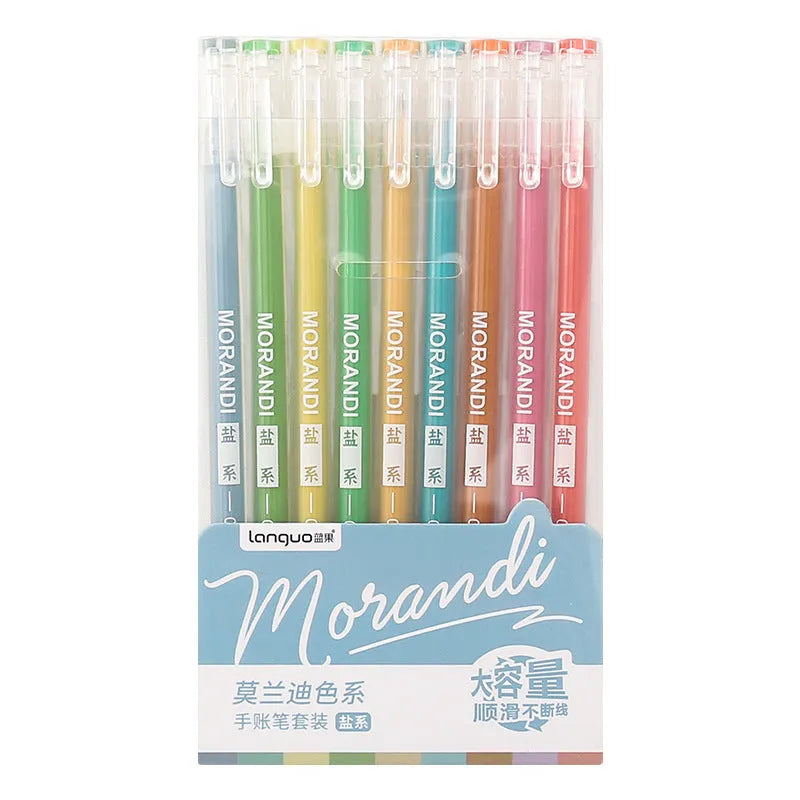 Set of nine colourful retro-style gel pens with 0.5mm needle tips, arranged in Nordic, Salt, Sweet, and Retro designs.