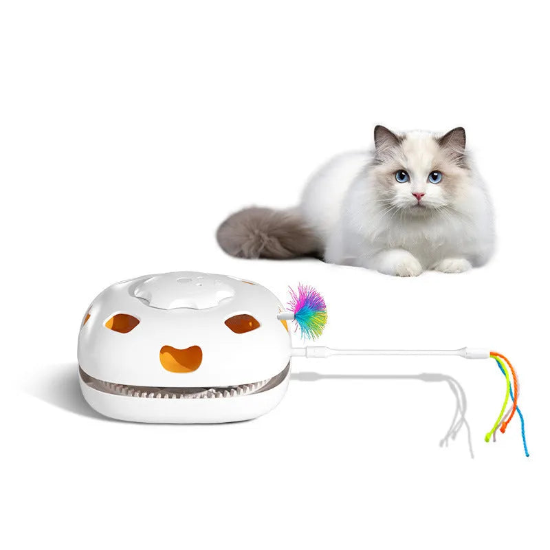 Plastic self-play cat teaser wand with feather attachments measuring 19.8cm