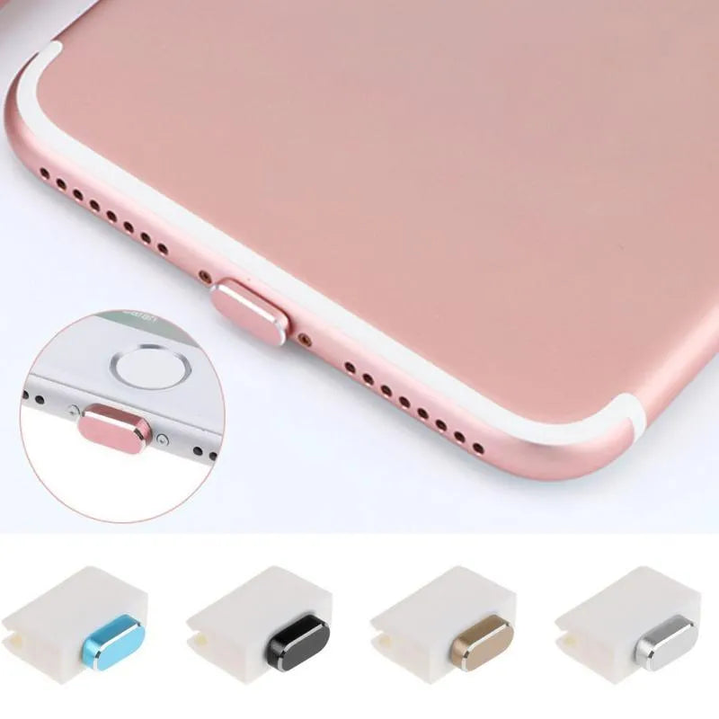 Aluminium alloy dust plug for iPhone charging port in gold, silver, blue, red, grey, black, and rose gold colours.