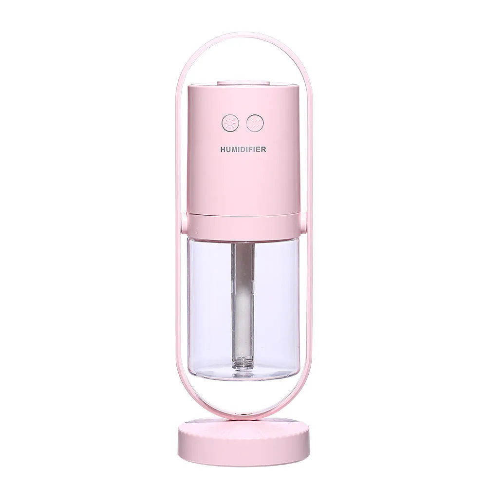 200ml portable USB humidifier with colourful light showing pink, dark blue, sky blue, and white colour options