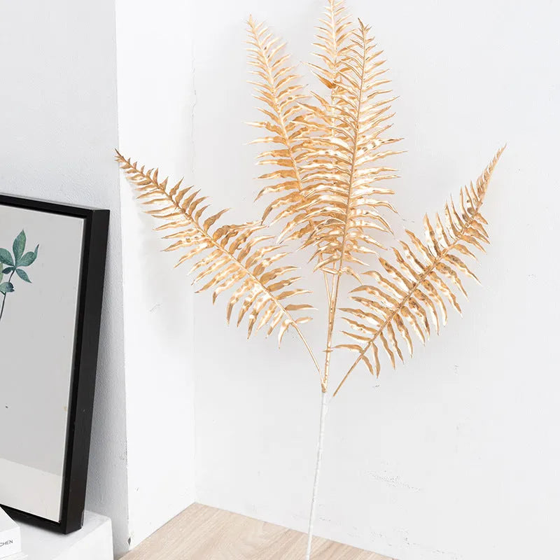 Artificial Persian eucalyptus ginkgo leaf flower arrangement in gold plastic for wedding home decor