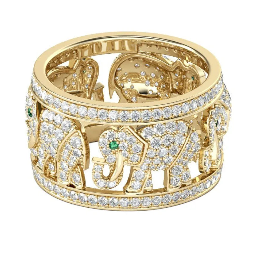 Close-up of creative full diamond design on elephant motif alloy fashion ring.