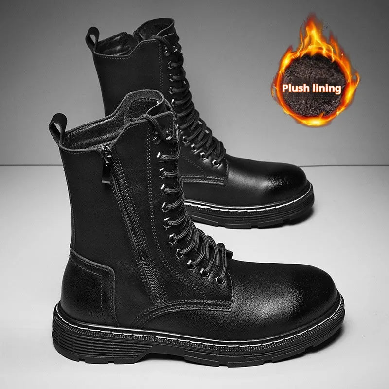 Men's black genuine leather high-top Martin boots with round toe and lace-up closure