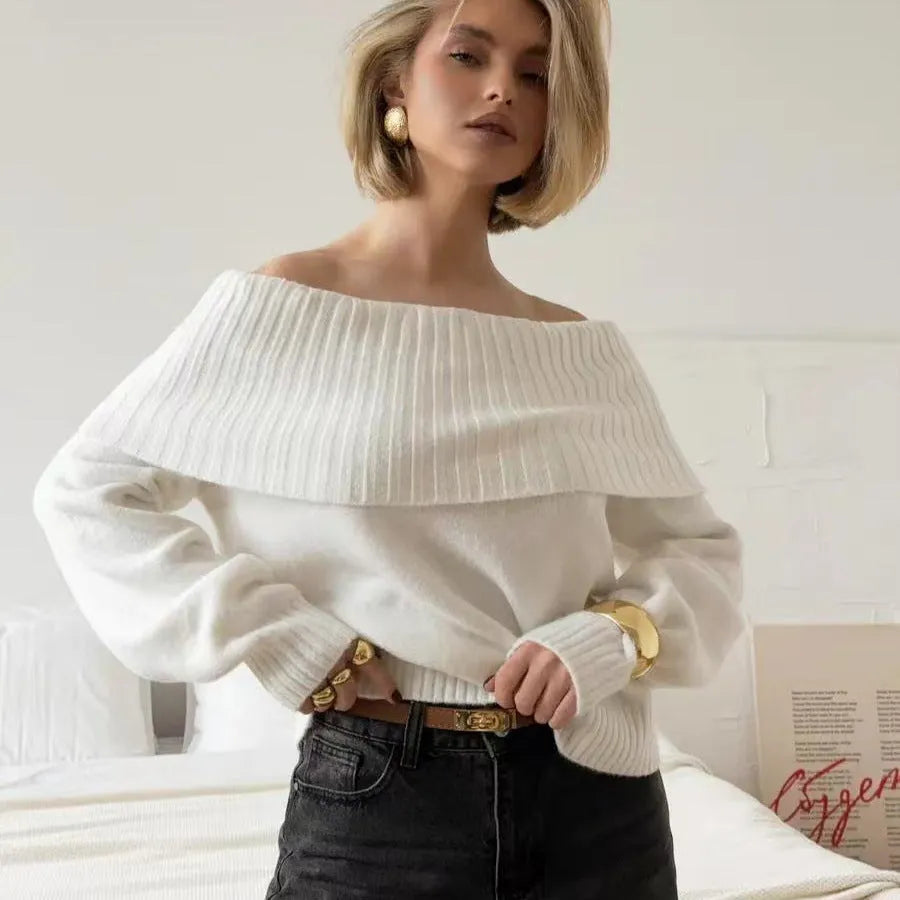 Grey off-the-shoulder sweater with 3D pattern effect and strapless design