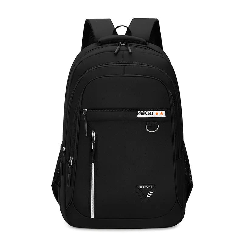 Men's Oxford cloth schoolbag with letter pattern in black, blue, green, or red colours showing air pillow belt system