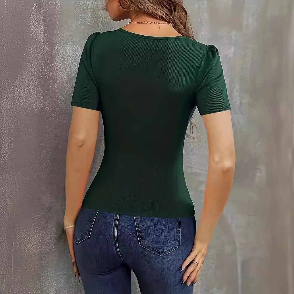 Women's slim fit knitted short sleeve top in wine red colour with low neckline design