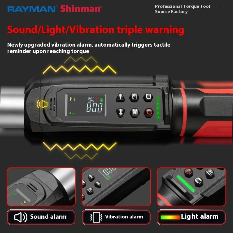 Electronic digital torque wrench with LCD display showing torque reading.