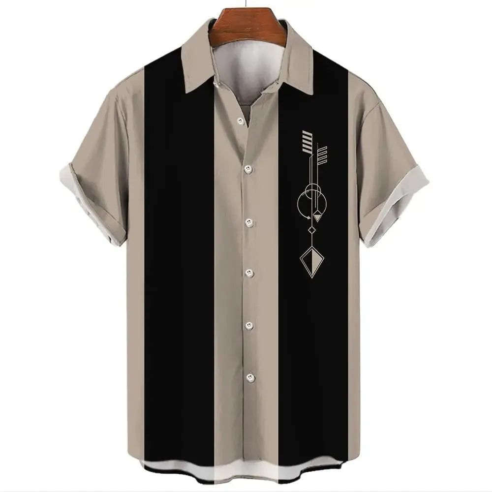 Men's tropical stripe Hawaiian shirt with short sleeves and button front in elastic polyester fabric