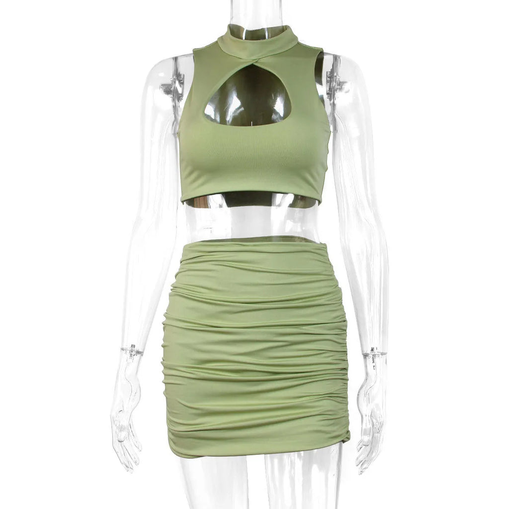Women's light purple elastic polyester two-piece set with hollow-out vest top and split hip skirt
