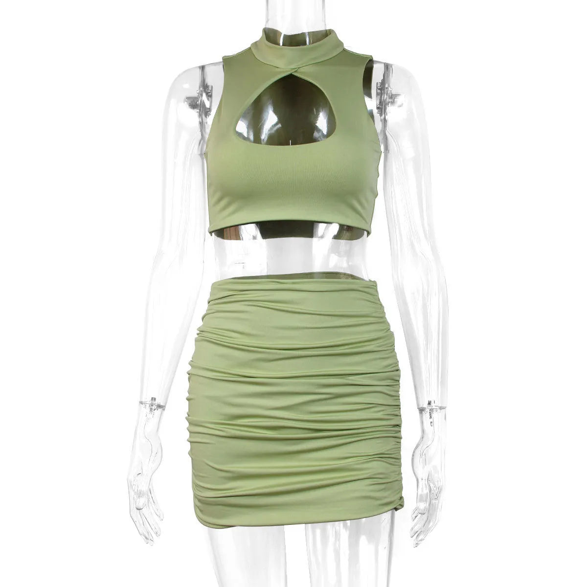 Women's light purple elastic polyester two-piece set with hollow-out vest top and split hip skirt