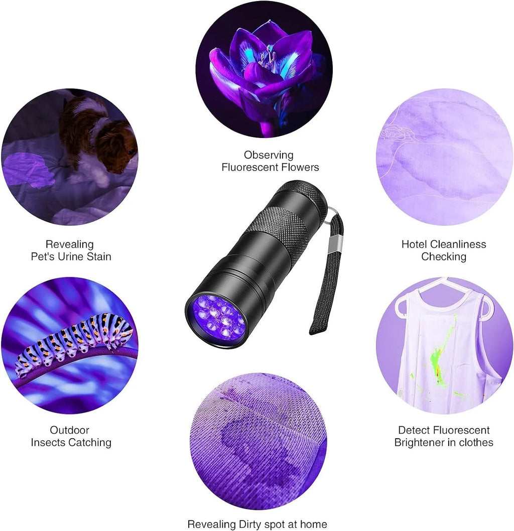 Black aluminium UV flashlight with purple LED for detecting stains and pests.