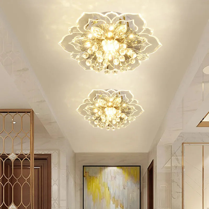 Modern crystal ceiling lamp with flower-shaped shade showing concealed and exposed installation options