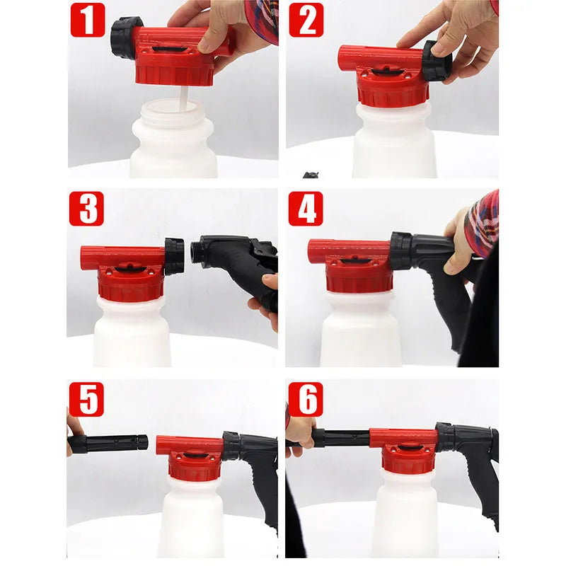 Compact high pressure water gun for garden use, showing handheld sprayer with foam pot.
