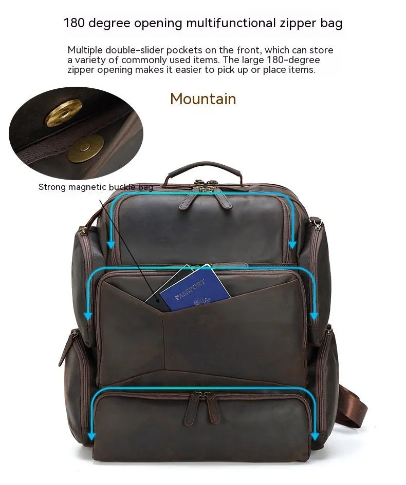 Dark brown genuine leather backpack with 17-inch laptop compartment and double shoulder straps