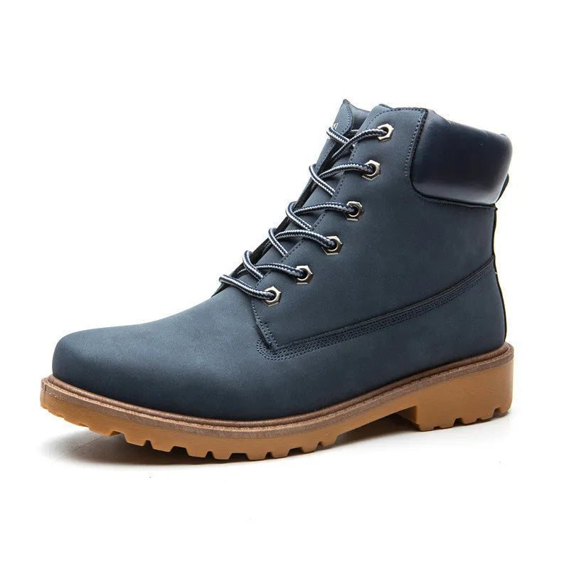 Pink men's Martin boots with velvet lining, round toe, and front lace-up closure on a flat bottom.