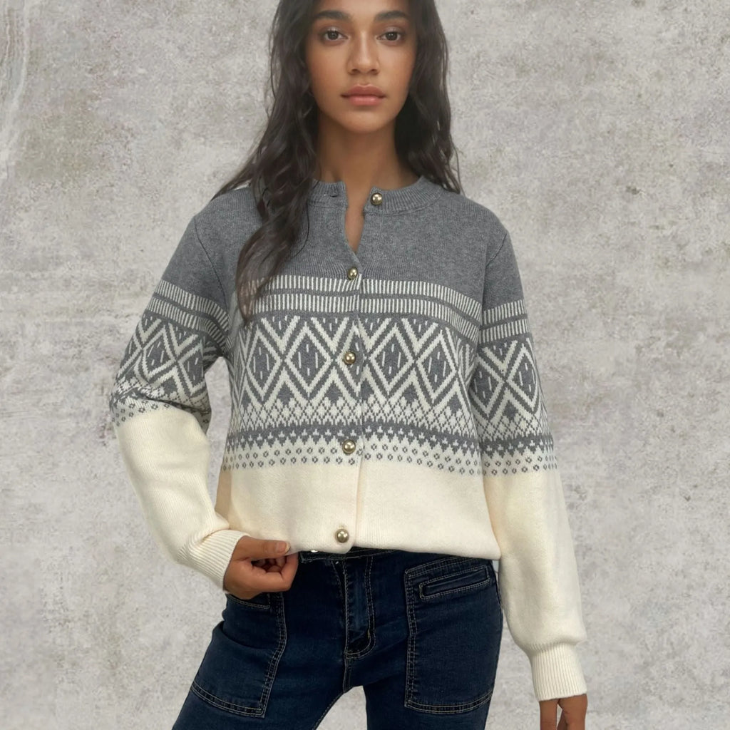 Women's grey alpaca wool cardigan with diamond knit colour block pattern and long sleeves