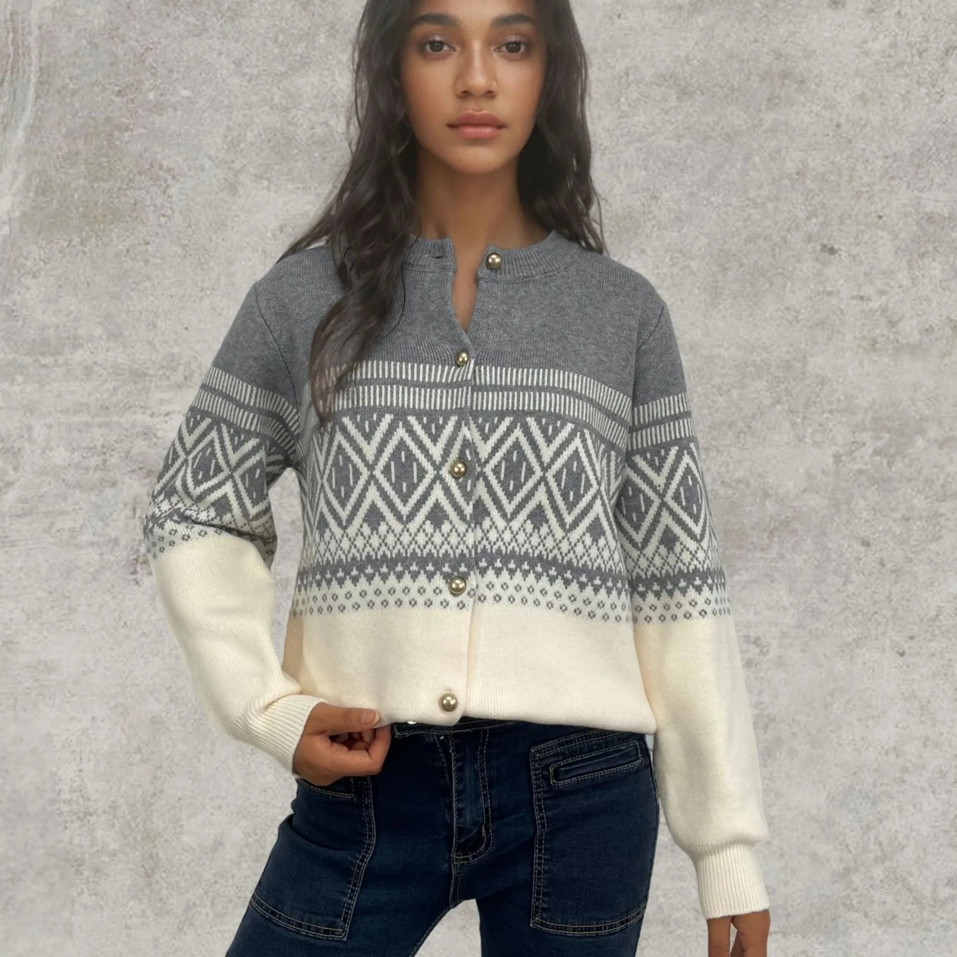 Women's grey alpaca wool cardigan with diamond knit colour block pattern and long sleeves