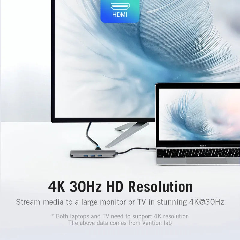 Deep grey USB-C to HDMI, USB 3.0, Ethernet, and card reader 8-in-1 converter hub with 0.15m cable.