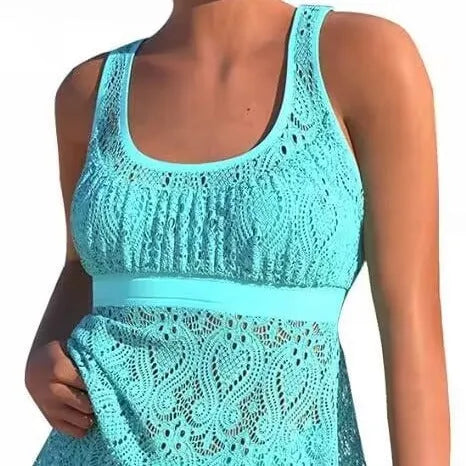 Women's conservative two-piece swimsuit set with hollow split design in solid colour