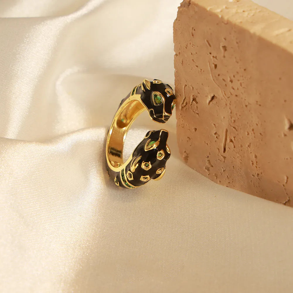 Women's black cheetah print open geometric ring in size 7
