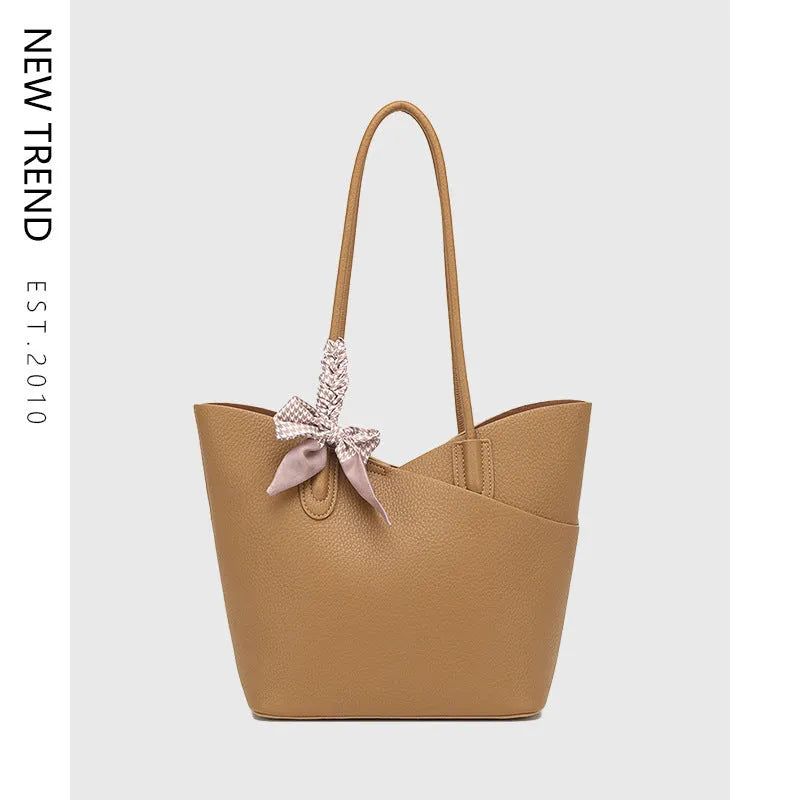 PU large-capacity casual shoulder handbag in brown with vertical square shape and sewing line detailing