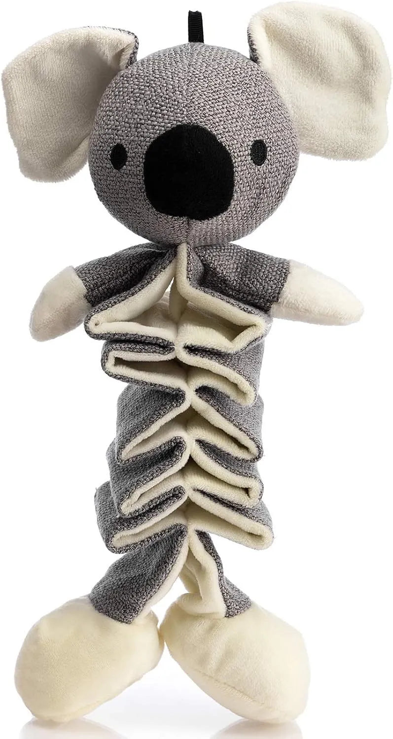 Grey koala-shaped dog chew toy measuring 30cm with plush limbs and crinkle paper inside.