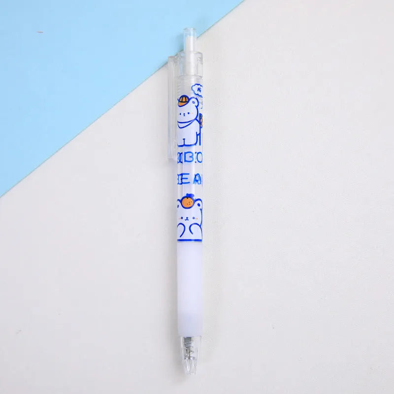 A six-pack of novelty press pen knives showing cute cream bear, rabbit, and other character designs.