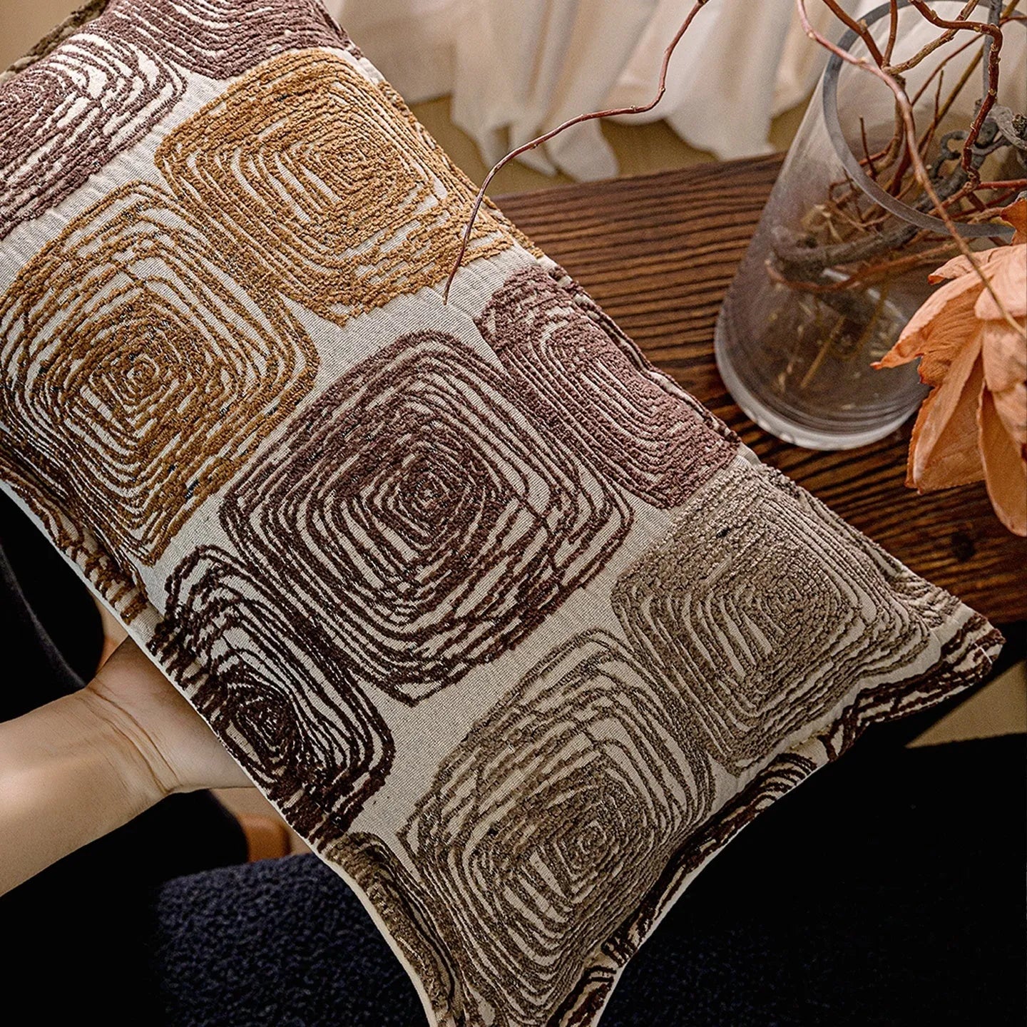 50x50cm square cushion cover with cream and coffee abstract coil pattern