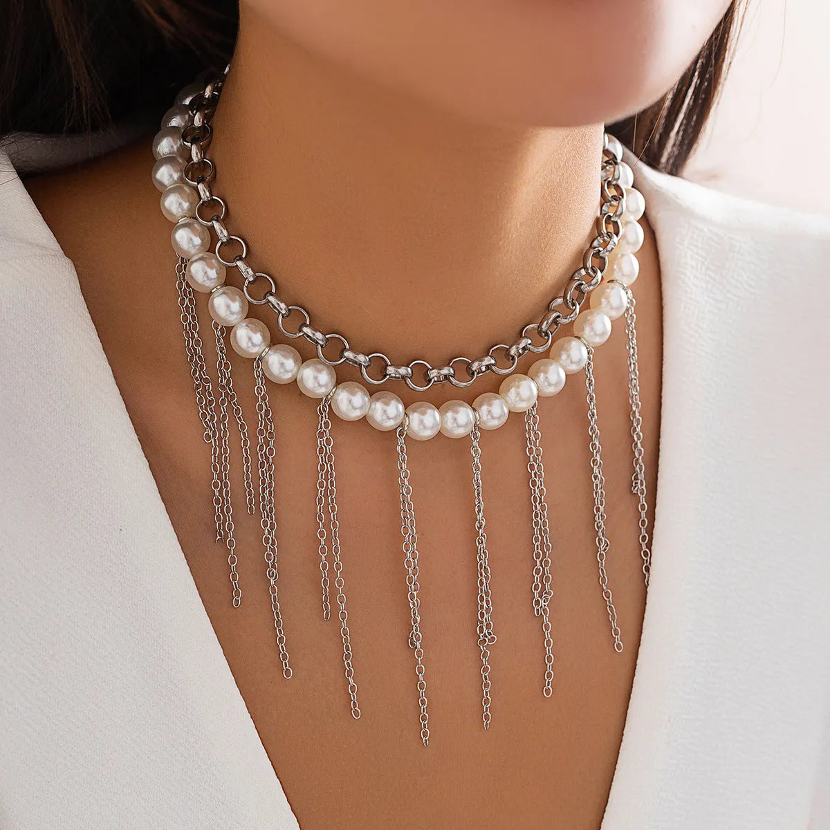 Double-layer retro necklace with imitation pearls, geometric iron pendant, tassel chain, and ball bead chain in White K finish
