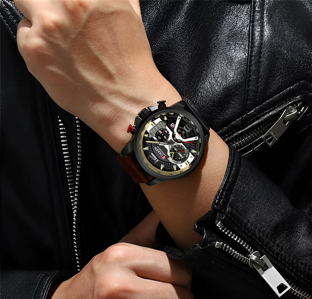 Men's quartz sports watch with alloy case, black face, and belt strap on wrist