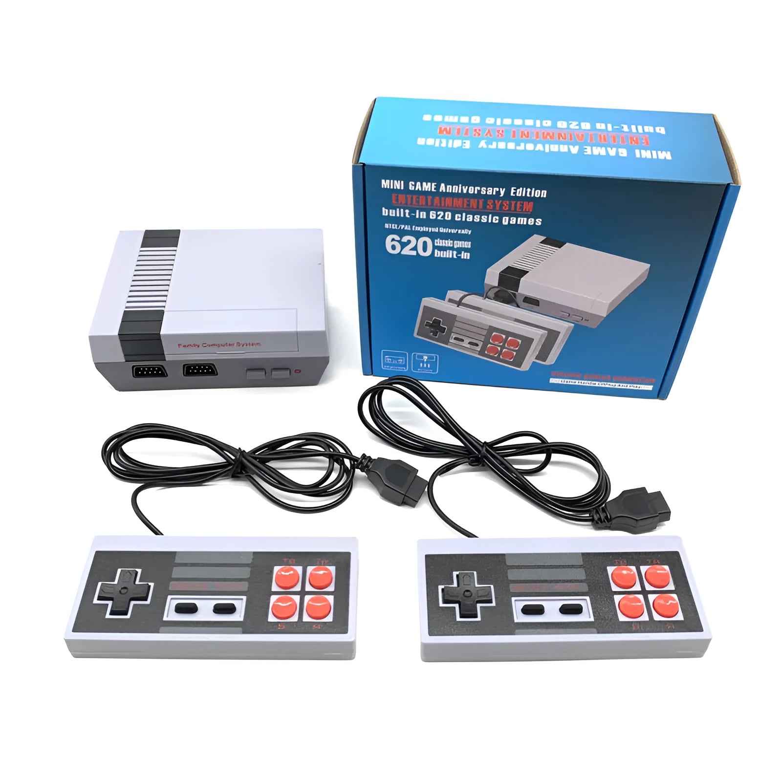 Compact black NES mini game console with two rectangular controllers on a table