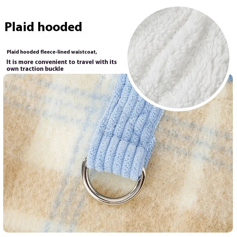 Blue corduroy dog hooded vest with chessboard grid pattern and traction hood design