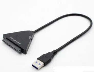 Black USB 3.0 to SATA 7+15 pin adapter cable with separate power supply line for external hard drive connection.