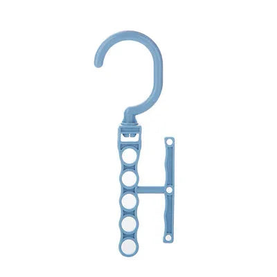 Magic revolving wardrobe hanger with five holes and handle in blue, green, or pink for clothes organisation