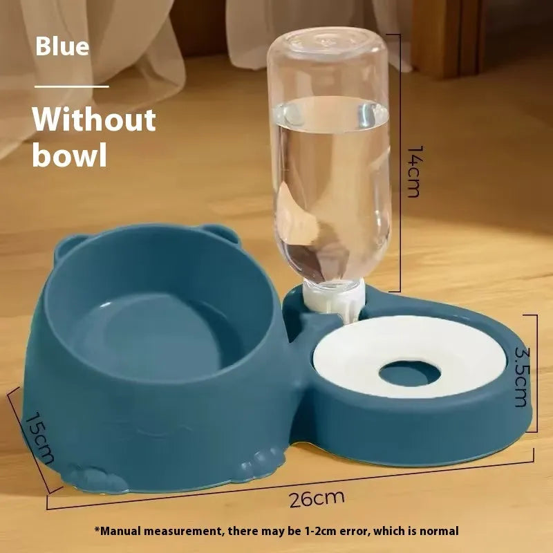 Automatic cat water bowl with stainless steel ceramic double bowls in haze blue plastic housing