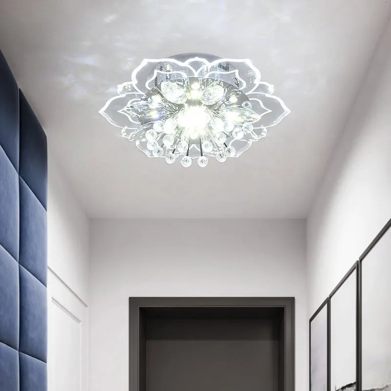 Modern crystal ceiling lamp with flower-shaped shade showing concealed and exposed installation options