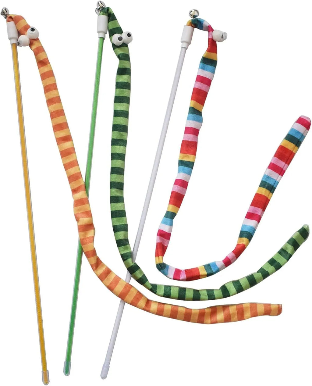 Plush cat teaser wand toy with colourful strip and bell on polycarbonate pole